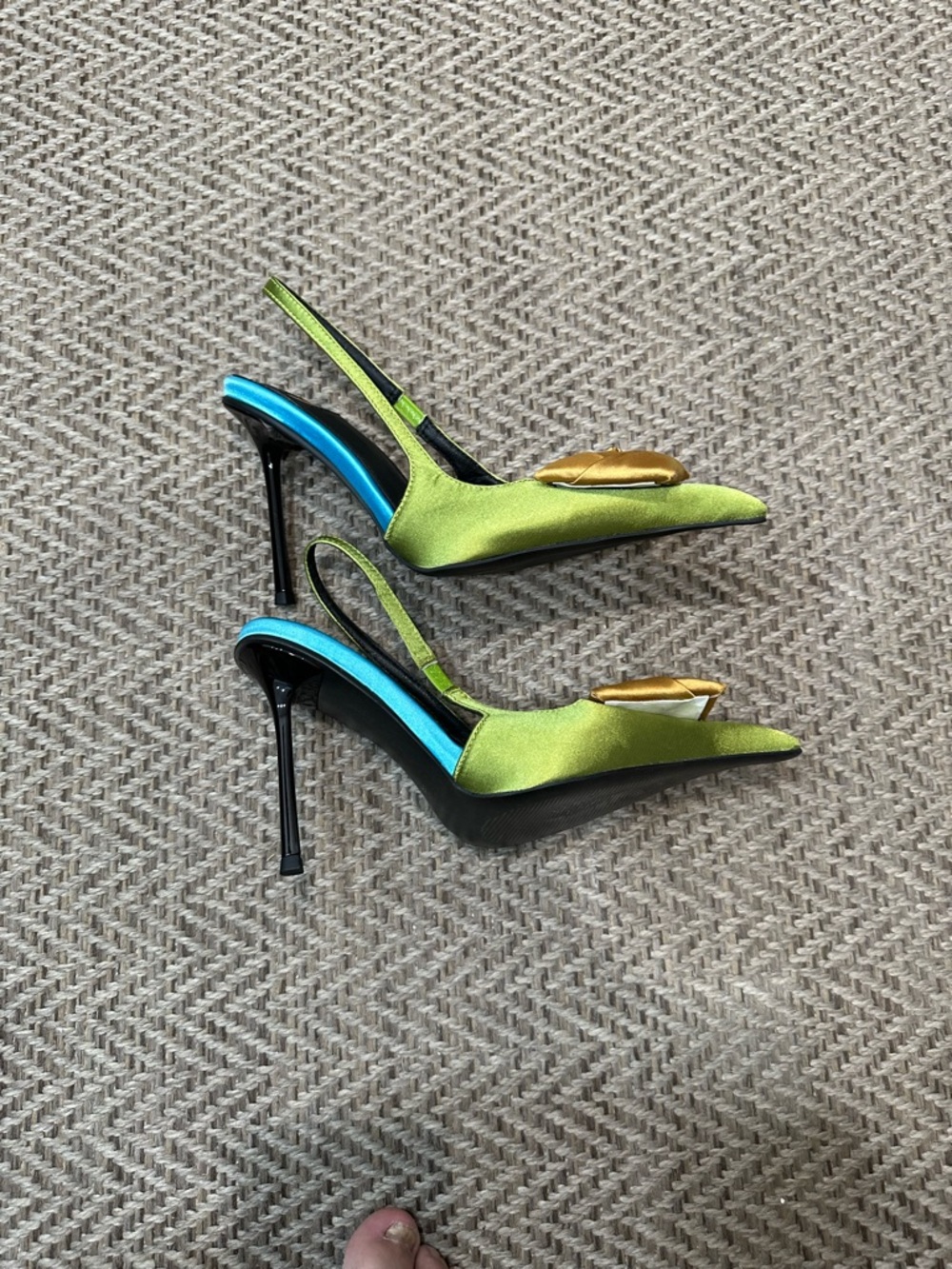 Green Satin Pointed Toe Heels with Brown Rosette - Picture 8 of 9